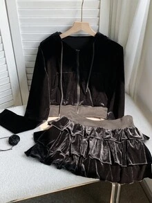 Comfortcana Bộ 2 món áo nỉ trùm đầu tay dài màu trơn có khóa kéo phía trước và chân váy midi dáng bánh thường ngày cho nữ - màu đen - Xem 3