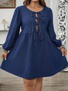 SHEIN CURVE+ 大码女式秋季深牛仔蓝领带蝴蝶结女式灯笼袖大码牛仔连衣裙，秋季女装，女式商务休闲装，娃娃裙，返校装 - 中等水洗藍 - 查看 5