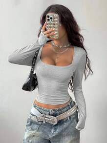 Coolane Women's Fall  Minimalist Y2K Basic Daily Wear Casual Gyaru Stretchy Comfortable Grey Bustier Square Neck Long Sleeve Tees,Fall Tops - Grey - View 4