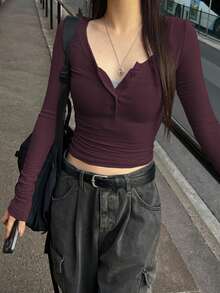 DAZY Áo thun dài tay cài nút màu trơn dành cho nữ, thời trang xuân hè, thu - Màu Đỏ Sâu - Xem 5