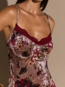 SHEIN BAE 花卉印花蕾丝边细肩带修身长裙，女士优雅曲线连衣裙，度假连衣裙，情人节约会连衣裙，伴娘迷你连衣裙，印花连衣裙 - 卡其色 - 查看 7