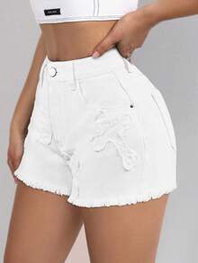 SHEIN ICON 女式休闲浅色磨边牛仔短裤 - 白色 - 查看 5
