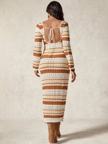 Boho Mama Pregnant Women's Striped Front Tie Long Sleeve Hollow Out Knit Dress - Multicolor - View 2