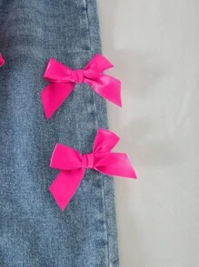 SHEIN Playful Pals 2pcs Girls Casual Sweet Crew Neck Raglan Sleeve Bow Decor Sweatshirt And Elastic Waist Loose Straight Leg Jeans Pants Set, Back To School, Spring/Autumn Fall Winter - Hot Pink - View 5