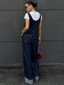 Livesso 女式休闲水洗卷边牛仔背带裤工装裤 - 黑色 - 查看 2