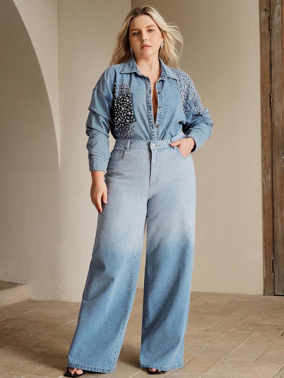 Vintage Plus Size Heavy Embellished Rhinestone Pearls Denim Shirt, Elegant For Spring, Holiday, Casual, Festival, Vacation