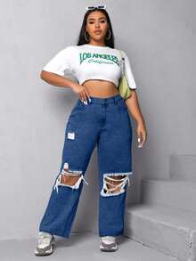 EURMUSE Plus Size Women High Waist Pockets Wide Leg Distressed Casual Jeans - Medium Wash - View 1