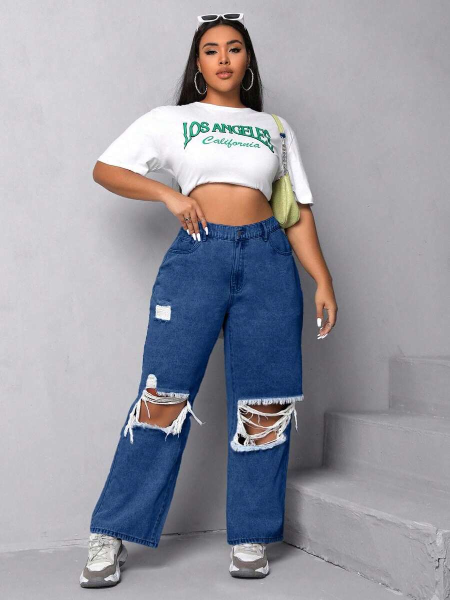 EURMUSE Plus Size Women High Waist Pockets Wide Leg Distressed Casual Jeans - Medium Wash - View 1