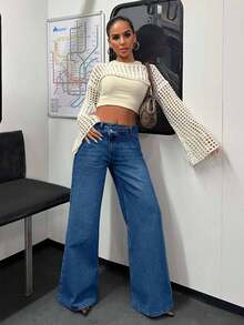 EURMUSE 100%Cotton VINTAGE WASH HIGH WAIST WIDE LEG CUT ASYMMETRIC BELT DETAIL - Medium Wash - View 4