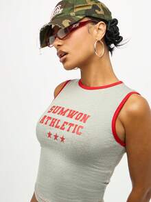 SUMWON WOMEN 女士运动夏季短款背心 学院风 美观健身号码运动衫 都市街头风 破洞嘻哈 Y2K 背心 - 灰色 - 查看 1