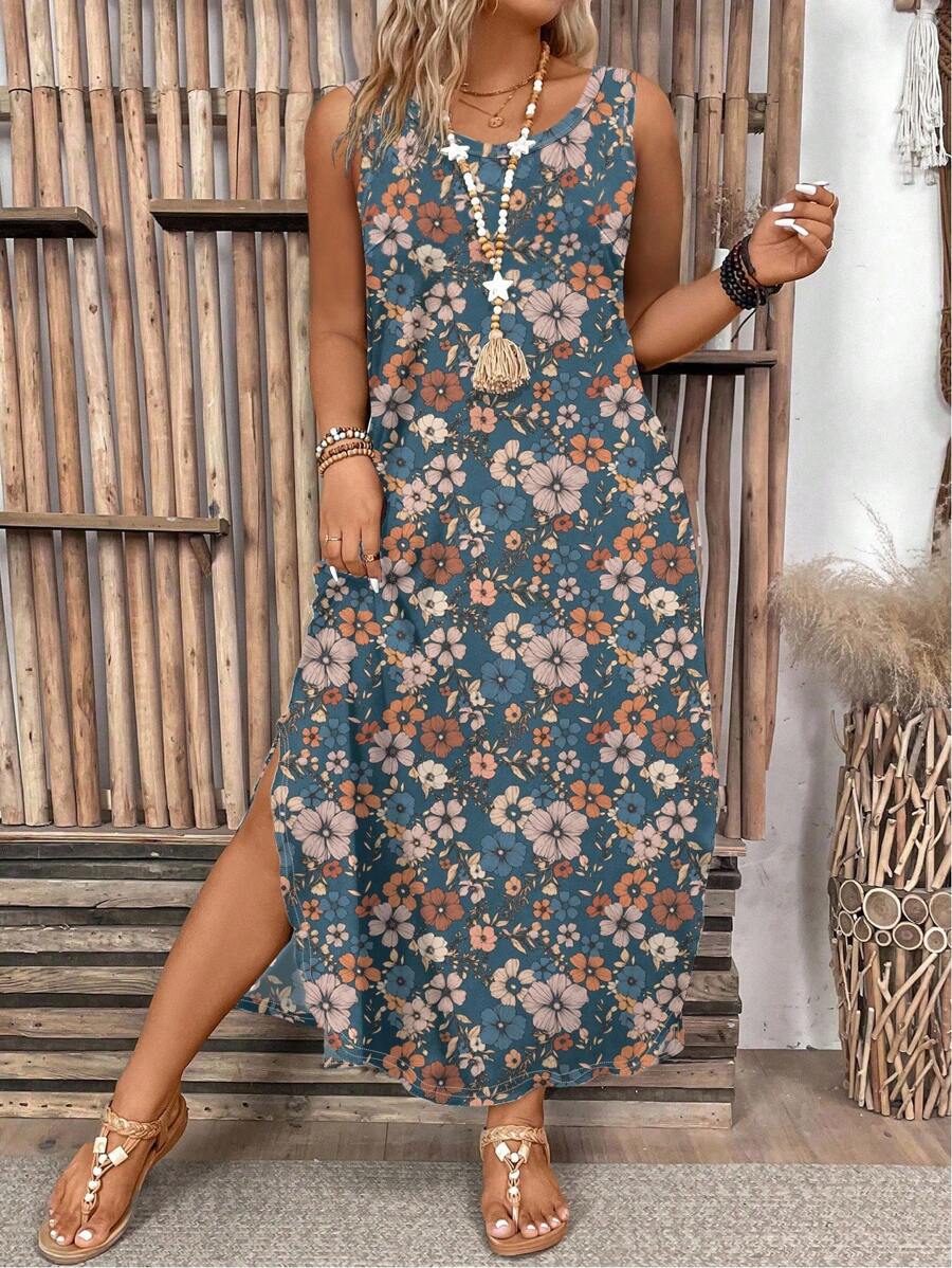 EMERY ROSE Plus Size Women Floral Print Side Slit Hem Casual Sleeveless Dress - Multicolor - View 1