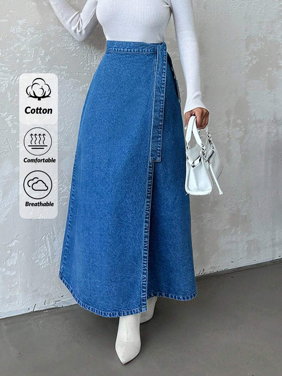 EURMUSE High Waisted Wrap Around Knot Denim Skirt - Blue - View 1