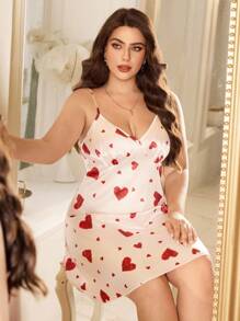 LuxeNights Plus Size Faux Silk Heart Print Camisole Nightgown Heart Print Dress - Baby Pink - View 2