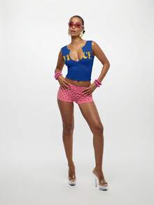 SUMWON WOMEN 缺口领口修身背心，金色字母短款，夏季节日俱乐部派对晚会休闲时尚设计，前开襟无袖 - 藏蓝色 - 查看 6