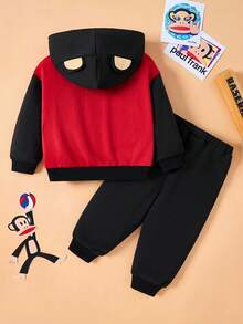 Paul Frank X SHEIN Conjunto de 2 piezas de chaqueta con capucha con orejas 3D y pantalón de chándal con estampado de mono lindo de dibujos animados para bebé niño, adecuado para otoño e invierno, Halloween - Negro - Ver 2