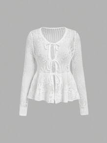 Skyraze 女士休闲纯色镂空针织系带开衫返校服装白色开衫休闲日常穿着、上衣、早午餐女士、文艺复兴博览会、音乐会女士、度假风格音乐节秋冬女士服装 - 白色 - 查看 1
