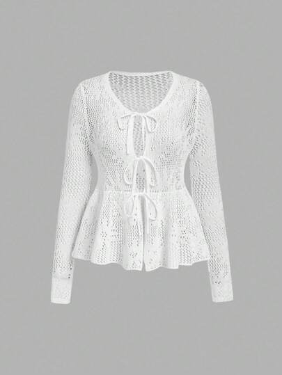 Skyraze Women's Casual Solid Color Hollow Out Knitted Tie Front Cardigan Back-To-School Clothing White Cardigan Casual Daily Wear,Tops,Brunch Women,Renaissance Fair,Concert Women,Vacation Style Music Festival Autumn Winter Clothes For Women