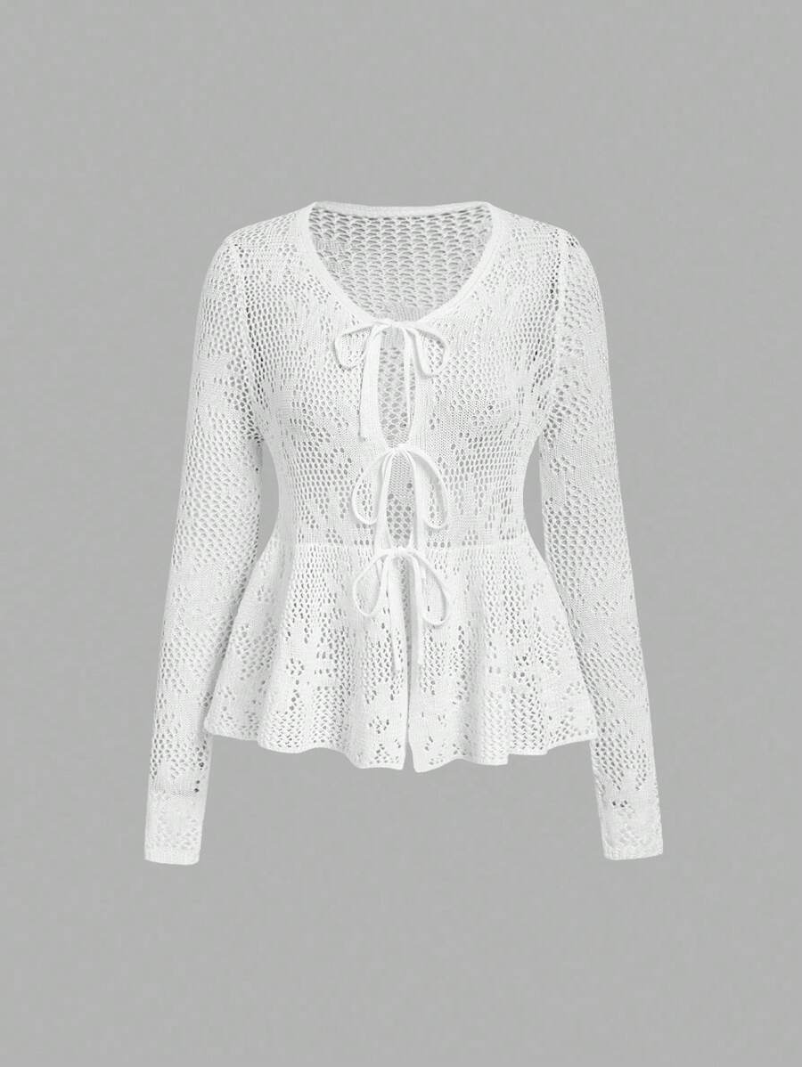 Skyraze 女士休闲纯色镂空针织系带开衫返校服装白色开衫休闲日常穿着、上衣、早午餐女士、文艺复兴博览会、音乐会女士、度假风格音乐节秋冬女士服装 - 白色 - 查看 1