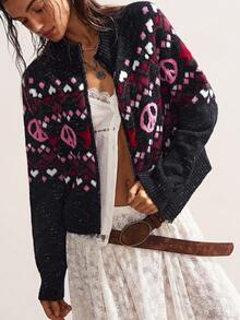 Bohemela Cárdigan con cremallera y mangas raglán con patrón geométrico para mujer en otoño/invierno - Negro - Ver 3