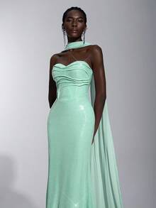 Elitara 优雅奢华薰衣草紫色 V 领串珠褶饰紧身胸衣美人鱼下摆正式礼服，适合女士正式晚礼服 - 薄荷綠 - 查看 2