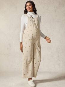 Boho Mama 孕妇花卉刺绣口袋设计休闲连体裤 - 卡其色 - 查看 4