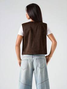 LYSMO 秋冬女士纯色圆领单排扣休闲轻便背心夹克 - 棕色 - 查看 2