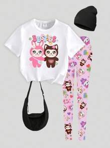 2pcs Girls Casual Cartoon Cute Colorful Rabbit Design Slogan Print Short Sleeve T-Shirt And Leggings Set, Back To School Outfit Tween Girl Shirt And Pants Girls Leggings Set Kids Tshirt And Leggings Set Tween Leggings Set Girls Graphic Tee And Leggings