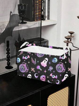 Goth 1pc Black Background Colorful Ghost Skull Rose Pattern Storage Basket, Halloween