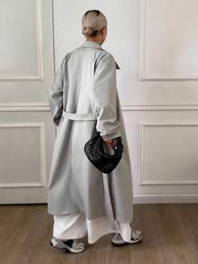 Livesso 女士时尚简约腰带长款风衣女式夹克，秋季女装 - 灰色 - 查看 2