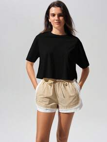 Fluxe Camiseta casual impermeable de mujer de unicolor, cuello redondo, hombros caídos y manga corta