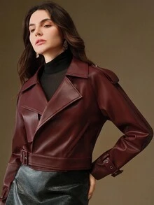 SHEIN X Jwoww Anewsta Áo khoác mô tô thời trang và thanh lịch dành cho nữ, kiểu dáng ngắn, màu đỏ tía, phù hợp cho mùa thu/đông và lễ Halloween - Màu Đỏ Sâu - Xem 9