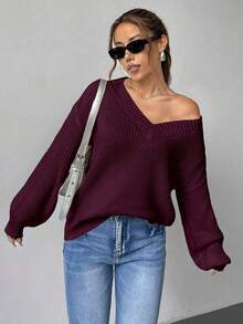 EURMUSE Maglione casual oversize da donna a maniche lunghe con scollo a V e spalle cadenti, in tinta unita - Bordò - Visualizzare 4