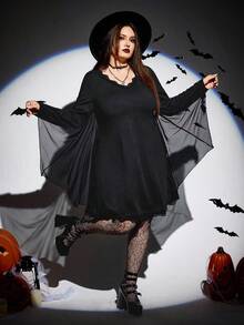 SHEIN CURVE+ Váy dơi tay cánh dơi phối ren phong cách Halloween Punk cỡ lớn dành cho nữ, váy Goth màu đen cỡ lớn, váy phù thủy/Mùa thu/Mùa đông - màu đen - Xem 3