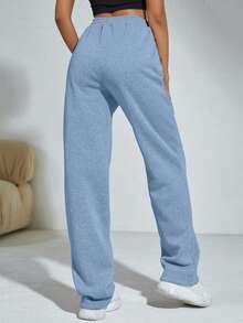 Flirla 女士纯色抽绳腰口袋直筒宽松休闲运动裤 - 淺藍色 - 查看 2