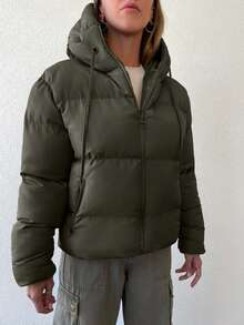 EURMUSE Women's Solid Color Long Sleeve Zipper Front Drawstring Hooded Casual Winter Jacket - Hijau Tentara - View 3
