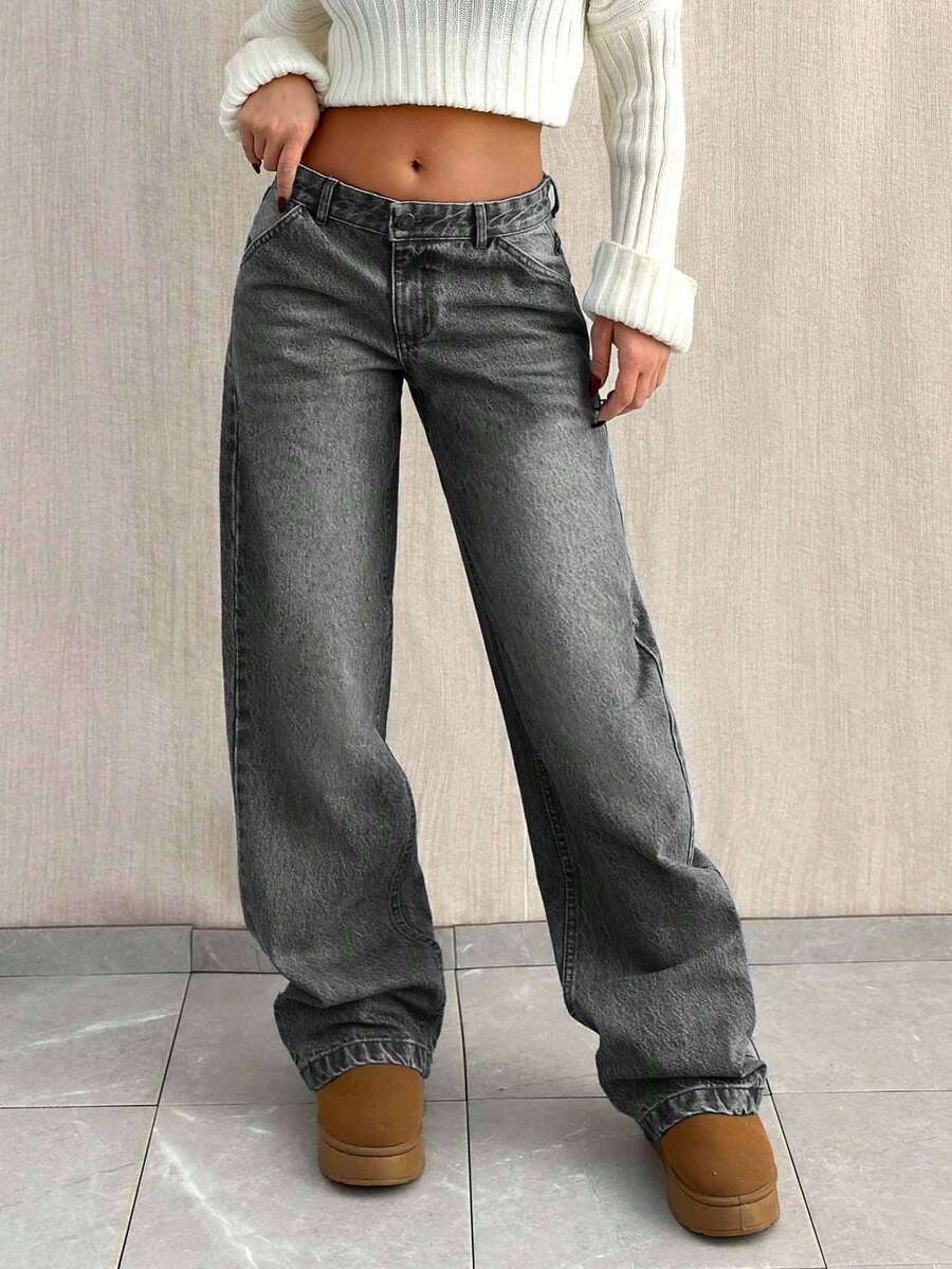 SHEIN Tall TALL CASUAL LOW WAIST BAGGY LOOSE STRAIGHT LEG JEAN - Grey - View 1