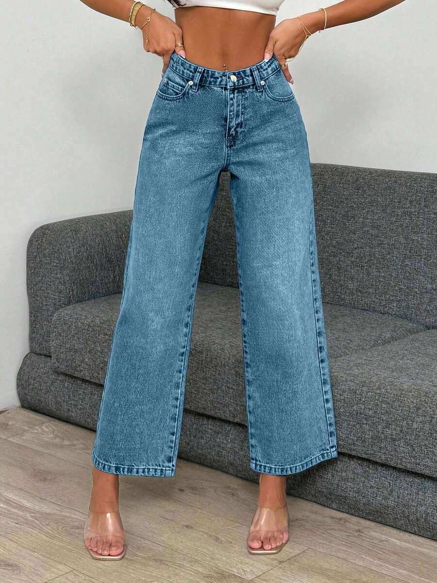 EURMUSE High Waist Light Wash Crop Straight Jean - Baby Blue - View 1