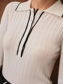 MOTF PREMIUM RIB-KNIT CONTRAST TRIM POLO COLLAR SWEATER
