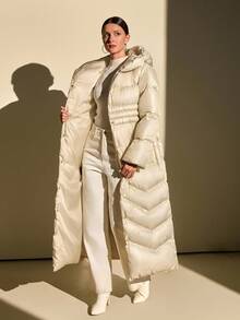 CLARA VERO Women Solid Color Belted And Pocket Detailed Long Winter Coats - Champagne - View 7