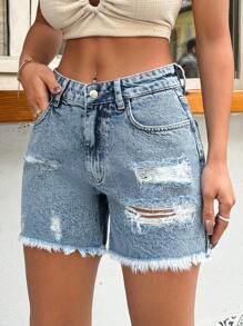 SHEIN Cottnline 100%Cotton Rigid, Low Waist, Destroyed Short - Light Wash - View 6