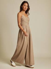 WESTFADE Tonal Striped Woven Surplice V Neck Smocked Back Tie Waist Sleeveless Wide Leg Utility Jumpsuit Fall Clothes For Women, Autumn, Winter, Country Concert Outfit, Boho, Western Wear, Casual, Cute, Nashville Cowgirl - Brown - View 5