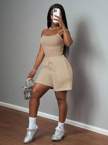 Slaydiva New Spring And Summer Casual Basic Sports Style U-Neck Suspender Vest + Five-Point Trousers With Tooth Strips Decorative Sweatpants White Women's Two Pieces Set-A - Apricot - View 5