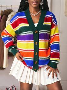 SHEIN Slayr 2025年新款早秋秋冬休闲街头日常约会生日派对简约风流行V领长袖露肩超宽松中长款毛呢开衫彩虹 - 彩色 - 查看 6