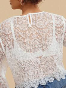 SHEIN VCAY Plus Size White Summer Boho Tea Party Mesh Embroidered Round Neck Long Sleeve Cropped Women Top Lace Blouse Sheer Civil Wedding Vacay Tops - White - View 3