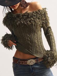 Bohemela Áo len dài tay hở vai họa tiết cáp màu trơn chắp vá thời trang cho nữ vào mùa thu/đông - màu xanh lá - Xem 1