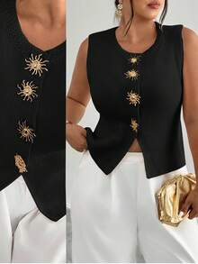 Firerie Plus Size Women Metal Sun Decor Ribbed Casual Knit Vest In Fall/Winter - Black - View 1