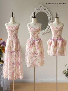 SHEIN MOD Váy chiffon in hoa có thể điều chỉnh độ dài kèm nơ trang trí - Nhiều màu - Xem 5