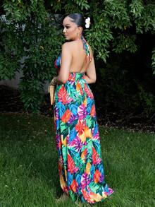 Melissa Matos Women Casual Holiday Deep V Neck Backless Ruched Split Thigh Maxi Dress With Botanical Print - Multicolor - View 2