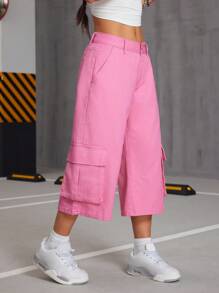 SHEIN ICON Pink Cargo Pocket Low Rise Wide Leg Wash Pants - Pink - View 5