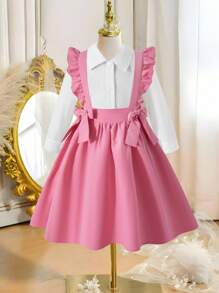 Young Girl' Casual Elegant Light Pink Ruffle Pinafore Dress Set,Collared Shirt,Autumn Career Day Back-To-School,Waist Tied With 2 Bows Shirt Dress - Pink - View 3